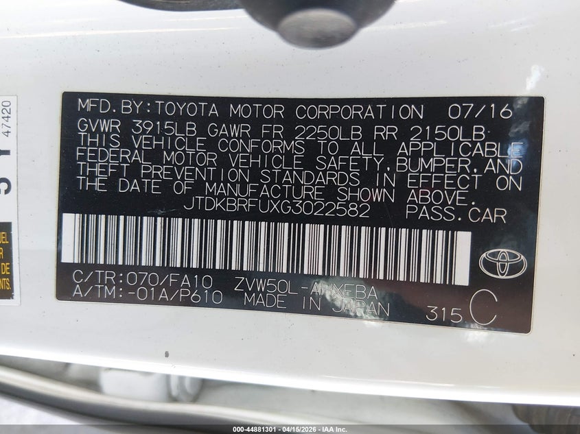 2016 Toyota Prius Two VIN: JTDKBRFUXG3022582 Lot: 44881301