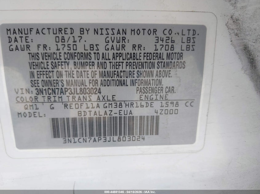 2018 Nissan Versa 1.6 S+ VIN: 3N1CN7AP3JL803024 Lot: 44881346