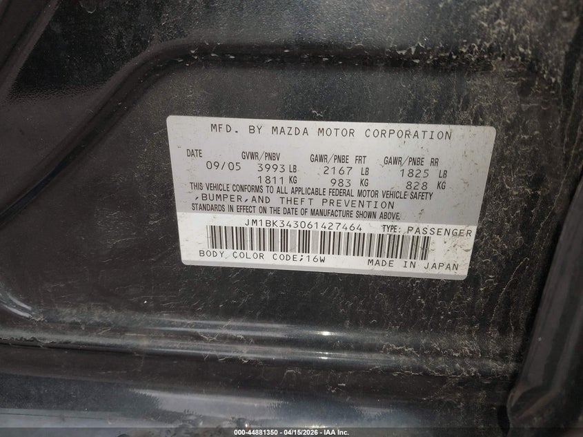 2006 Mazda Mazda3 S Touring VIN: JM1BK343061427464 Lot: 44881350