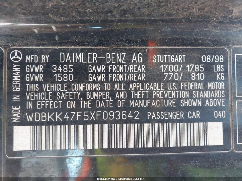 1999 Mercedes-Benz Slk 230 Kompressor VIN: WDBKK47F5XF093642 Lot: 44881367
