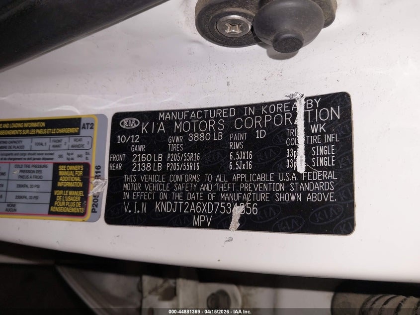 2013 Kia Soul + VIN: KNDJT2A6XD7534856 Lot: 44881369