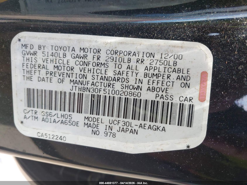 2001 Lexus Ls 430 VIN: JTHBN30F510020860 Lot: 44881377