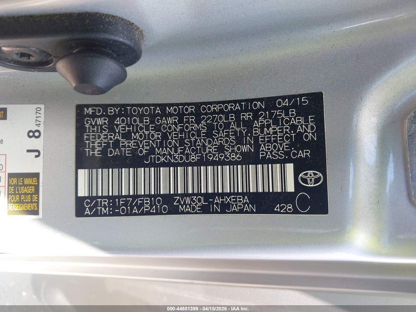 2015 Toyota Prius Two VIN: JTDKN3DU8F1949386 Lot: 44881399