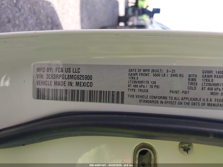 2021 Ram 3500 Tradesman 4x2 8' Box White Lot 111044881401 Vin 3C63RPGL8MG625900