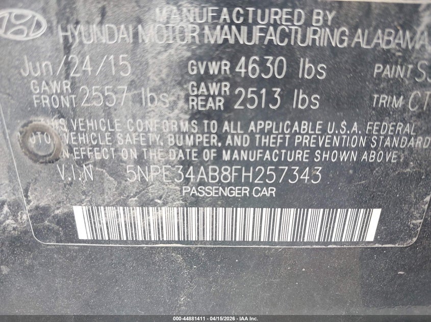2015 Hyundai Sonata Limited 2.0T VIN: 5NPE34AB8FH257343 Lot: 44881411