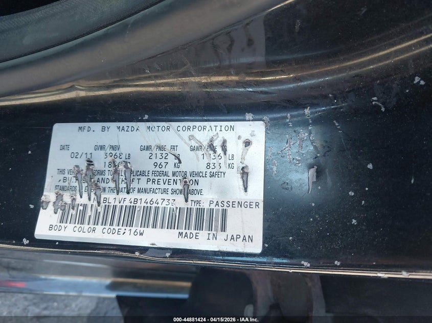 2011 Mazda Mazda3 I Touring VIN: JM1BL1VF4B1464733 Lot: 44881424