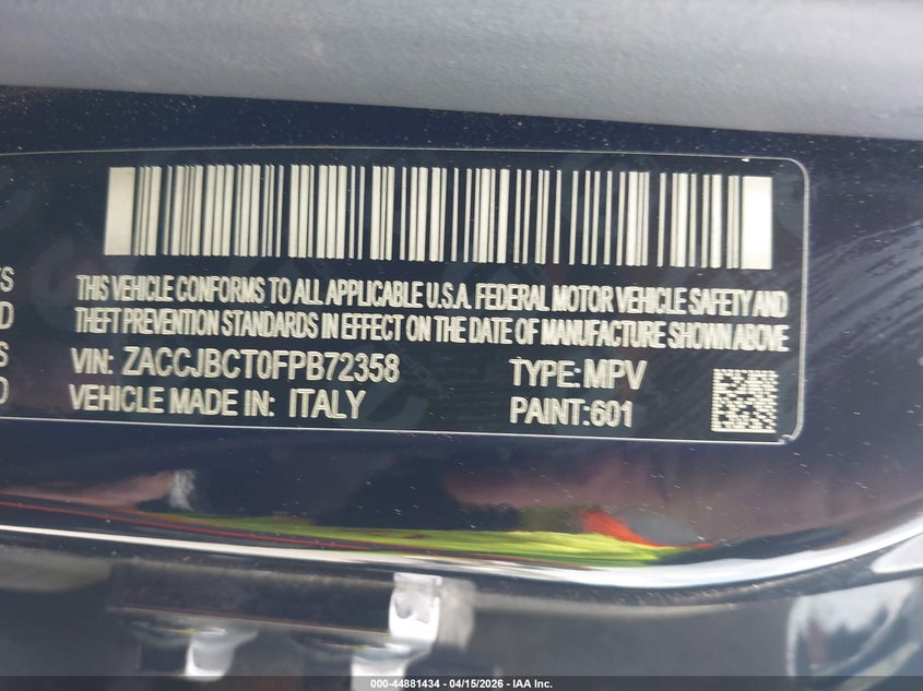 2015 Jeep Renegade Trailhawk VIN: ZACCJBCT0FPB72358 Lot: 44881434