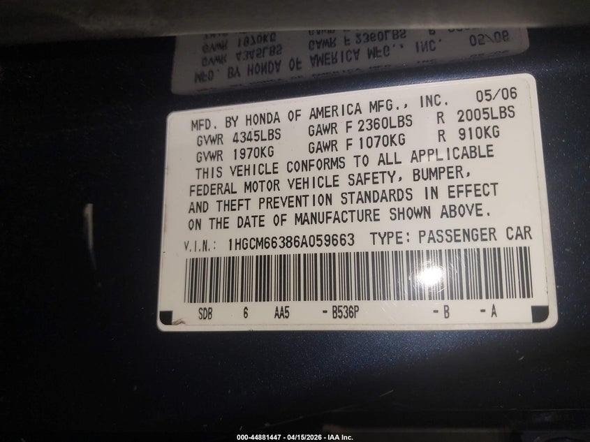 2006 Honda Accord 3.0 Lx VIN: 1HGCM66386A059663 Lot: 44881447