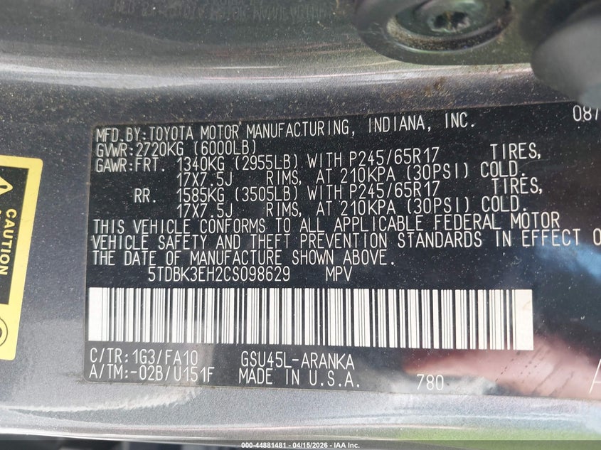 2012 Toyota Highlander Base V6 VIN: 5TDBK3EH2CS098629 Lot: 44881481