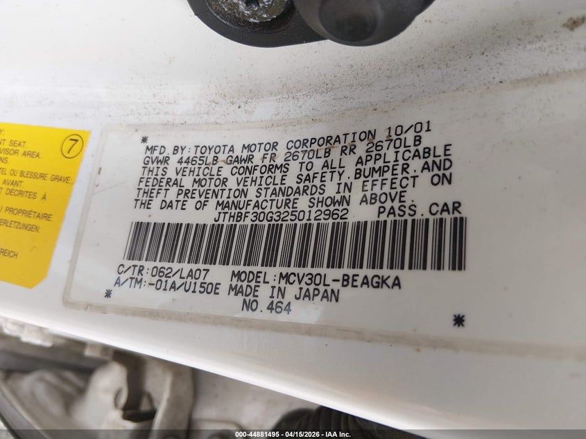 2002 Lexus Es 300 VIN: JTHBF30G325012962 Lot: 44881495