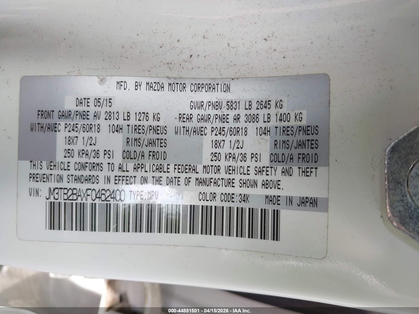 2015 Mazda Cx-9 Sport VIN: JM3TB2BAXF0462400 Lot: 44881501