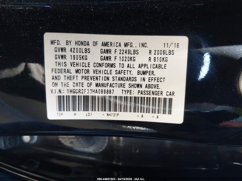 2017 Honda Accord Lx VIN: 1HGCR2F33HA099887 Lot: 44881503