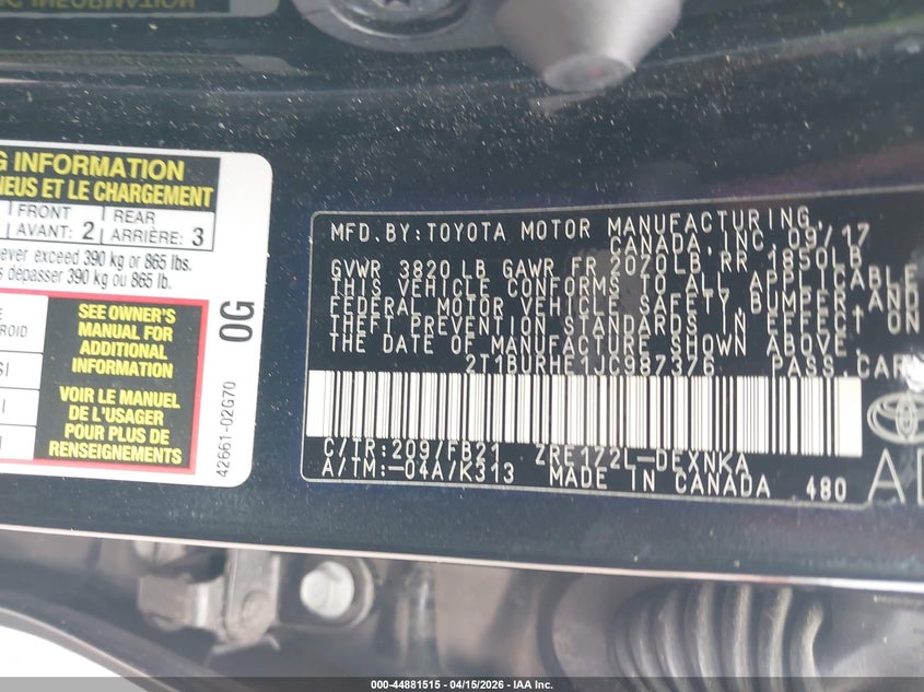 2018 Toyota Corolla Le VIN: 2T1BURHE1JC987376 Lot: 44881515