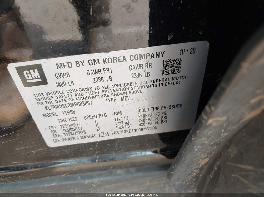 2021 Chevrolet Trailblazer Awd Ls VIN: KL79MNSL3MB083897 Lot: 44881525