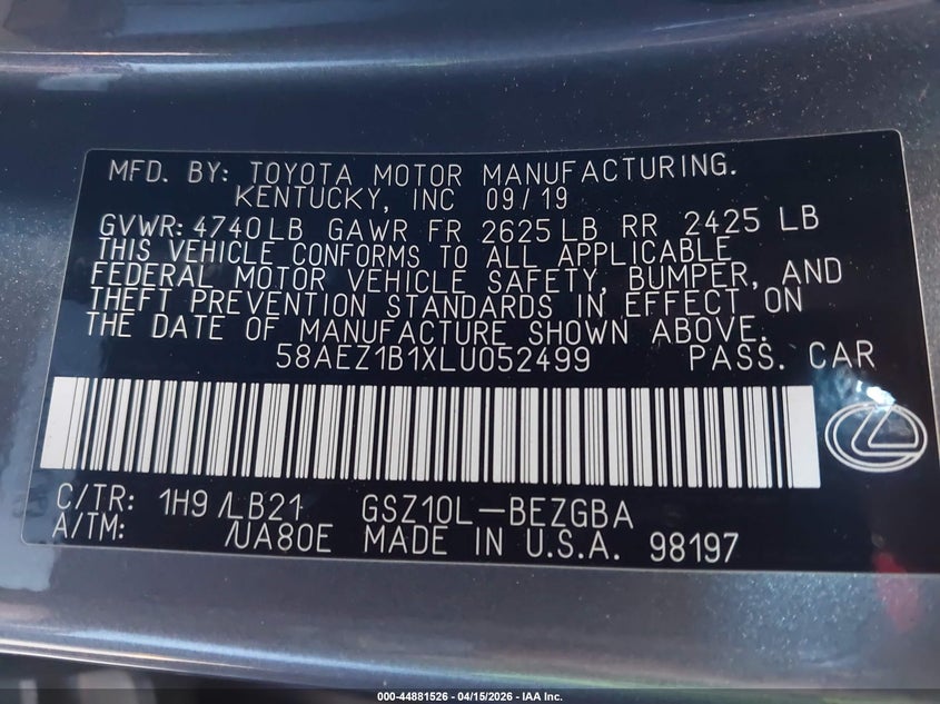 2020 Lexus Es 350 Luxury VIN: 58AEZ1B1XLU052499 Lot: 44881526