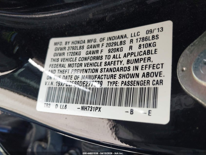 2013 Honda Civic Ex VIN: 19XFB2F86DE277679 Lot: 44881536