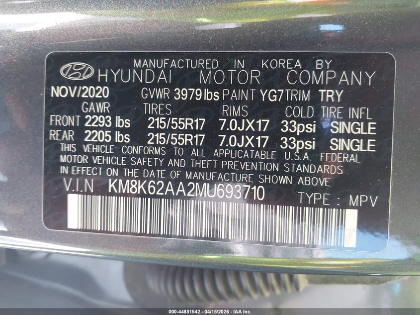 2021 Hyundai Kona Sel Plus VIN: KM8K62AA2MU693710 Lot: 44881542