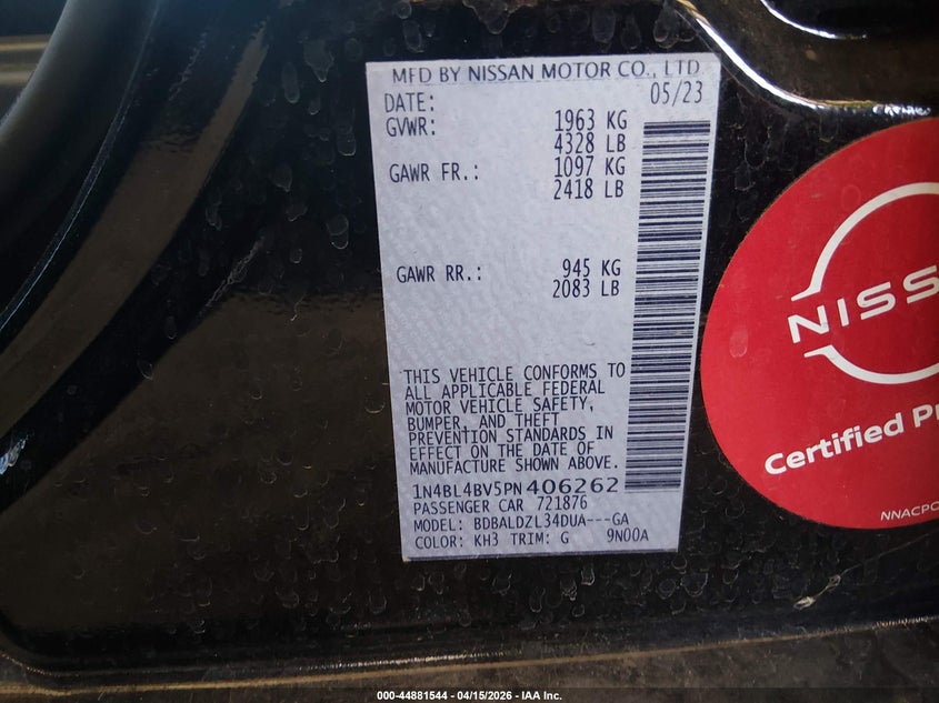 2023 Nissan Altima S Fwd VIN: 1N4BL4BV5PN406262 Lot: 44881544