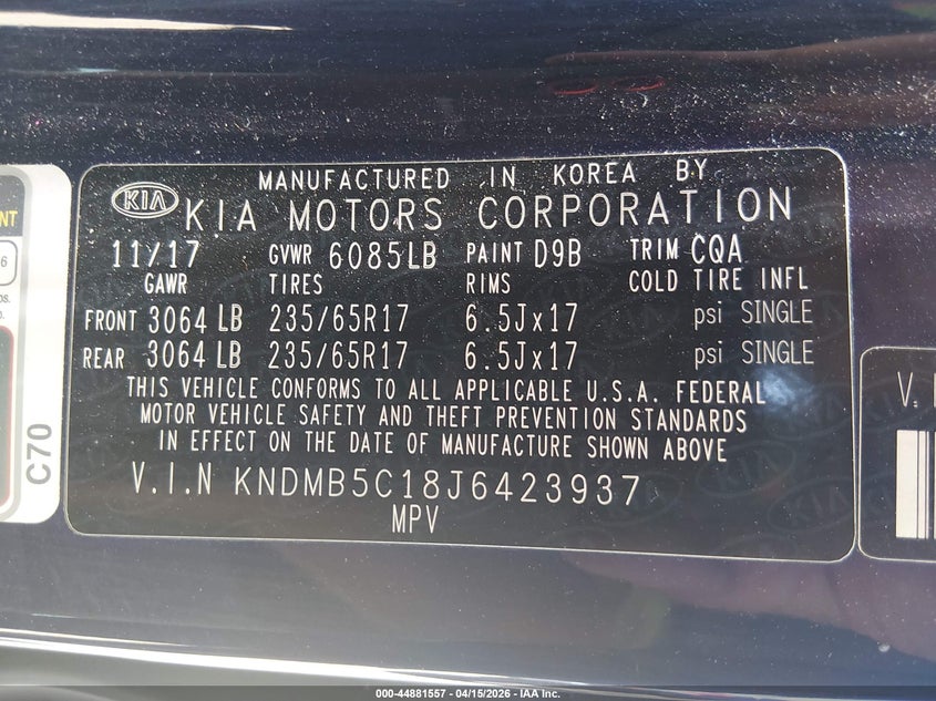 2018 Kia Sedona Lx VIN: KNDMB5C18J6423937 Lot: 44881557