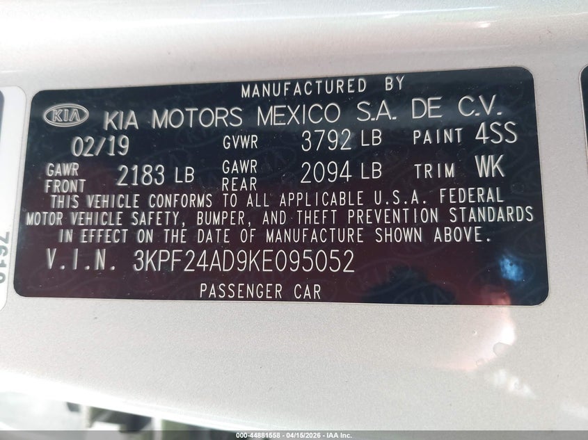 2019 Kia Forte Lxs VIN: 3KPF24AD9KE095052 Lot: 44881558