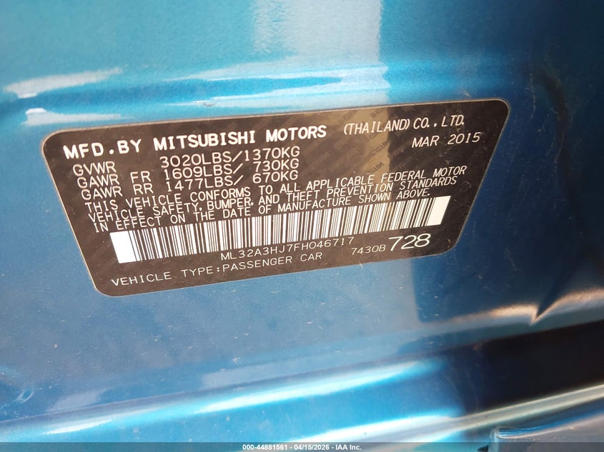 2015 Mitsubishi Mirage De VIN: ML32A3HJ7FH046717 Lot: 44881561