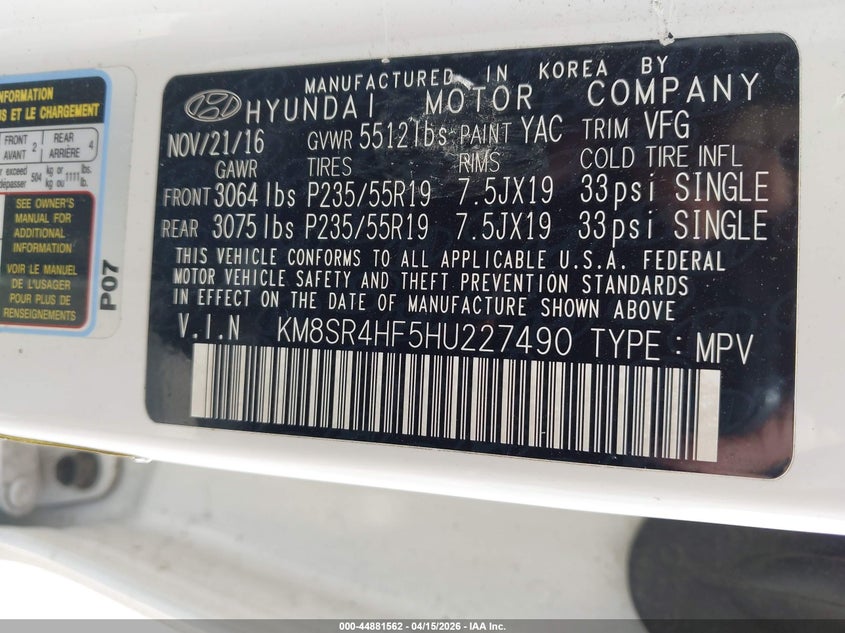 2017 Hyundai Santa Fe Limited Ultimate VIN: KM8SR4HF5HU227490 Lot: 44881562