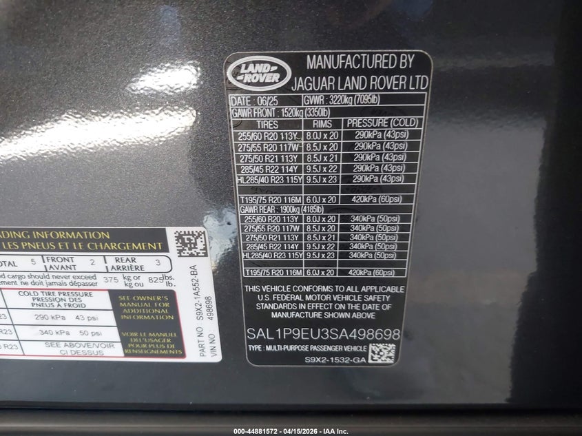 2025 Land Rover Range Rover Sport P360 Se VIN: SAL1P9EU3SA498698 Lot: 44881572