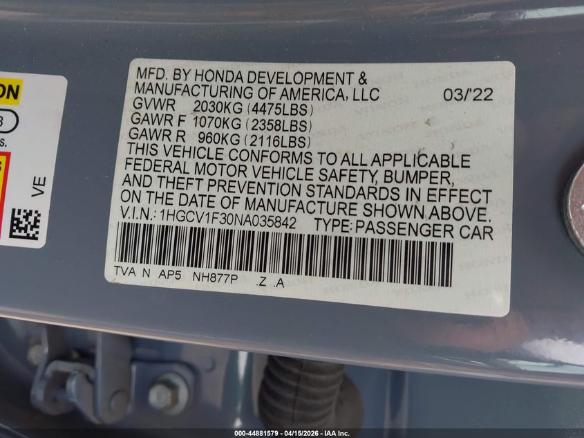 2022 Honda Accord Sport VIN: 1HGCV1F30NA035842 Lot: 44881579