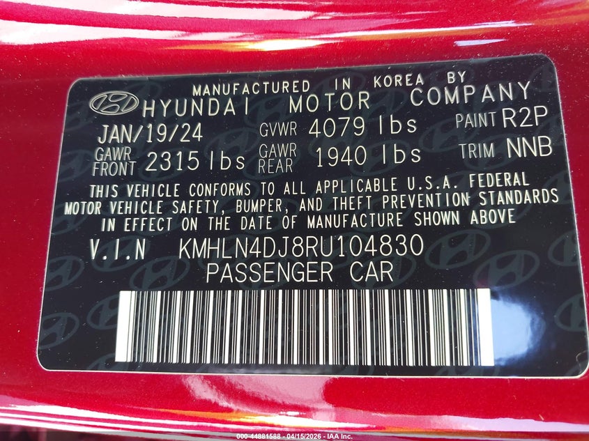 2024 Hyundai Elantra Hybrid Limited VIN: KMHLN4DJ8RU104830 Lot: 44881588