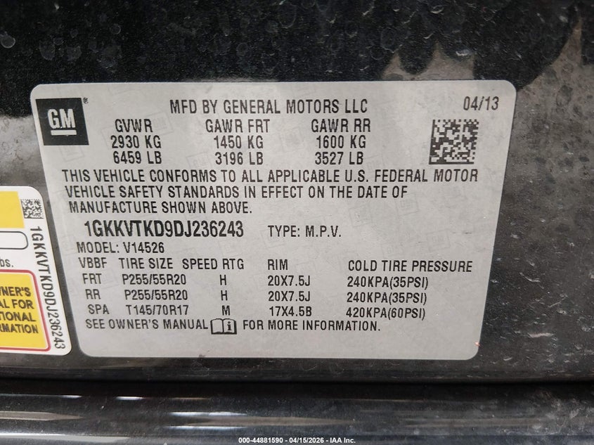 2013 GMC Acadia Denali VIN: 1GKKVTKD9DJ236243 Lot: 44881590