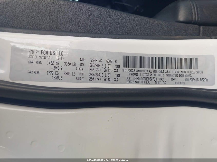 2017 Dodge Durango Sxt Awd VIN: 1C4RDJAG0HC850783 Lot: 44881597