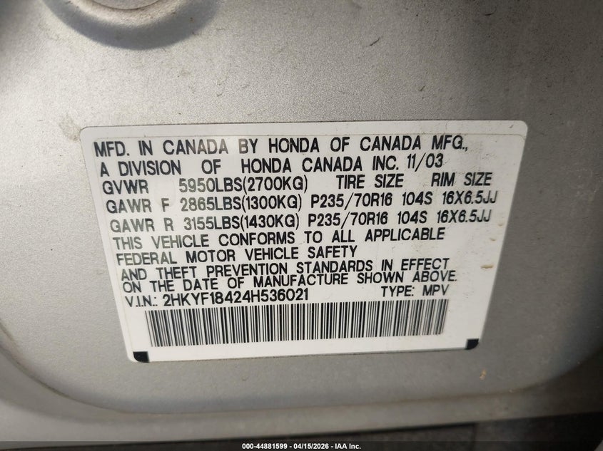 2004 Honda Pilot Ex VIN: 2HKYF18424H536021 Lot: 44881599