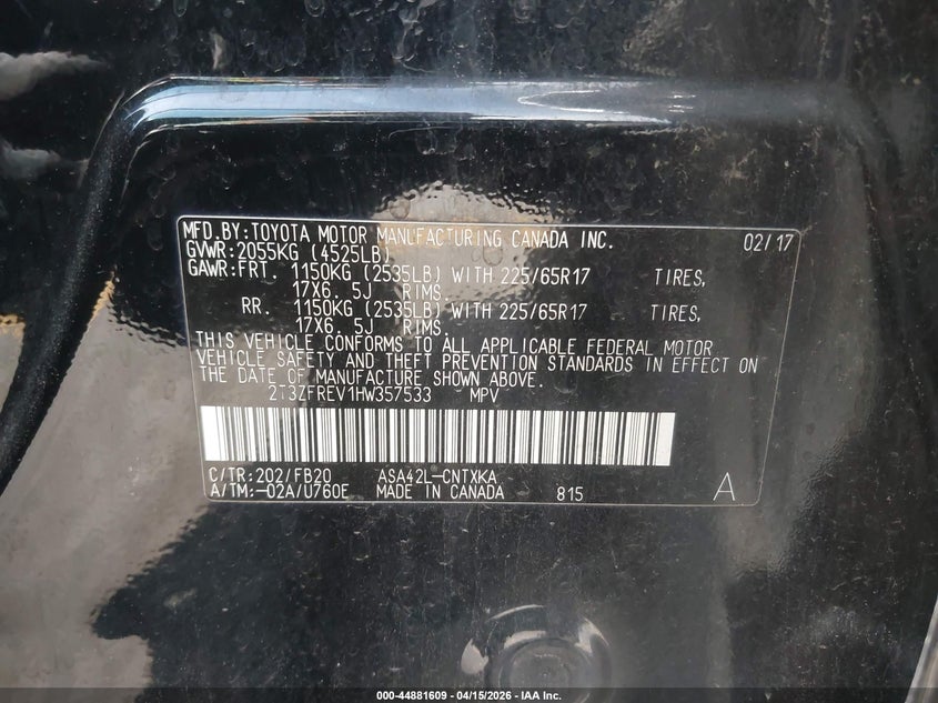 2017 Toyota Rav4 Le VIN: 2T3ZFREV1HW357533 Lot: 44881609