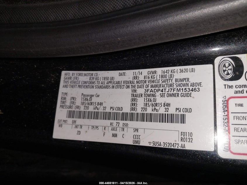 2015 Ford Fiesta S VIN: 3FADP4TJ7FM153463 Lot: 44881611