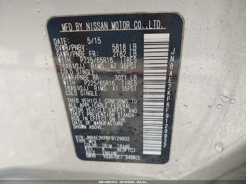 2015 Nissan Quest Platinum/S/Sl/Sv VIN: JN8AE2KP6F9129932 Lot: 44881612