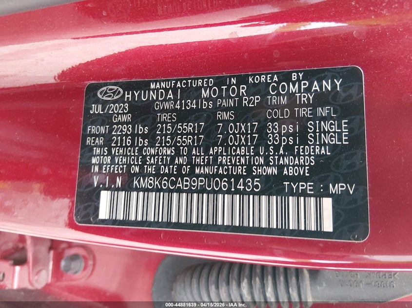 2023 Hyundai Kona Sel VIN: KM8K6CAB9PU061435 Lot: 44881639