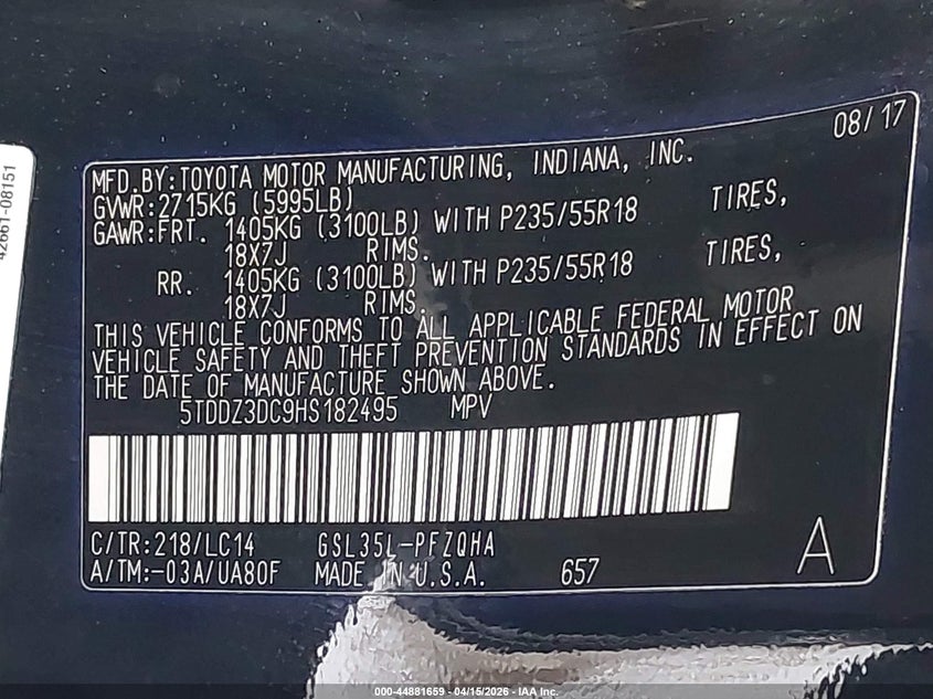 2017 Toyota Sienna Xle 7 Passenger VIN: 5TDDZ3DC9HS182495 Lot: 44881659