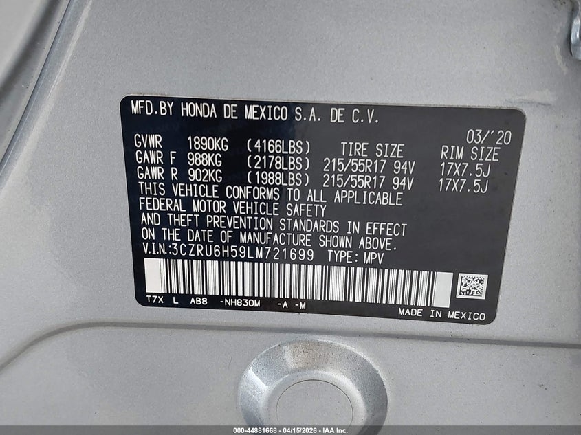 2020 Honda Hr-V Awd Ex VIN: 3CZRU6H59LM721699 Lot: 44881668