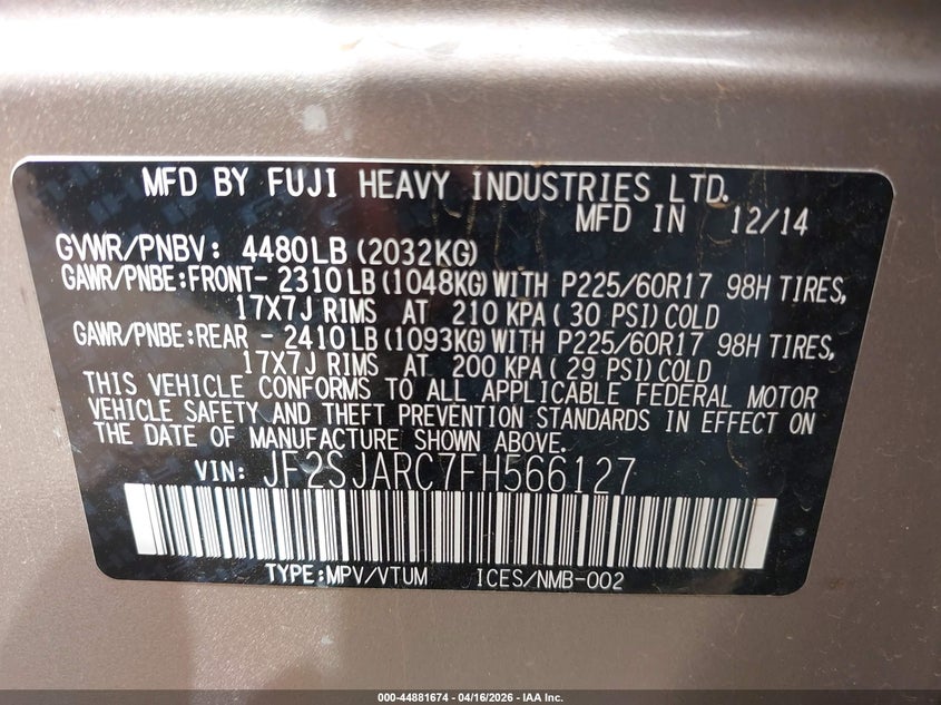 2015 Subaru Forester 2.5 2.5I Limited brown Lot 111044881674 Vin JF2SJARC7FH566127