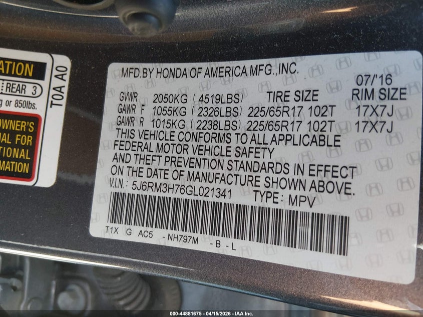 2016 Honda Cr-V Ex-L VIN: 5J6RM3H76GL021341 Lot: 44881675