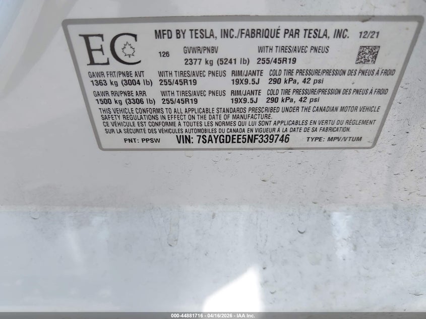 2022 Tesla Model y Long Range Dual Motor All-Wheel Drive white Lot 111044881716 Vin 7SAYGDEE5NF339746