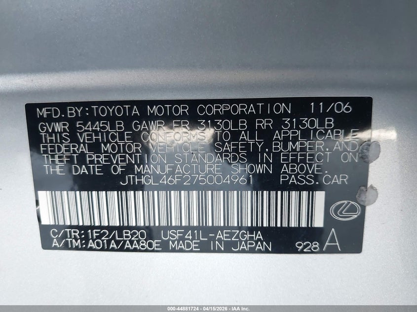 2007 Lexus Ls 460 L VIN: JTHGL46F275004961 Lot: 44881724