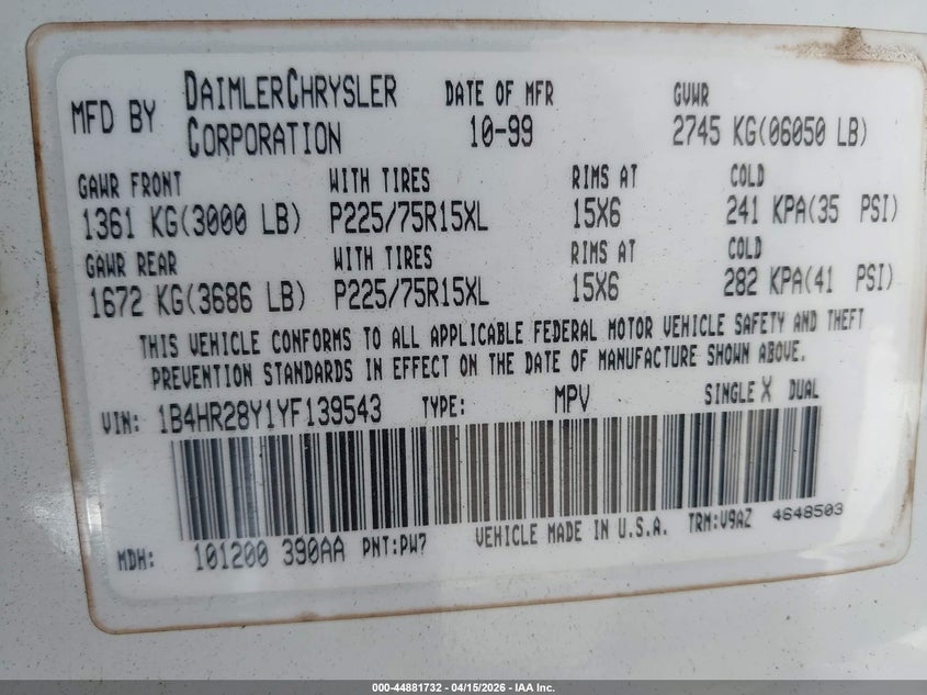 2000 Dodge Durango VIN: 1B4HR28Y1YF139543 Lot: 44881732