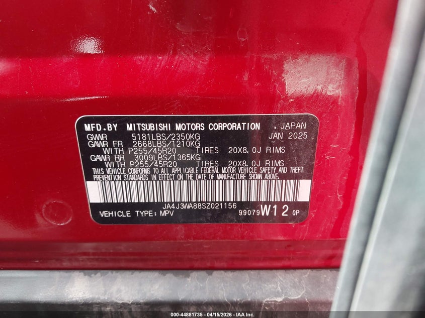 2025 Mitsubishi Outlander Sel 2.5 2Wd VIN: JA4J3WA88SZ021156 Lot: 44881735