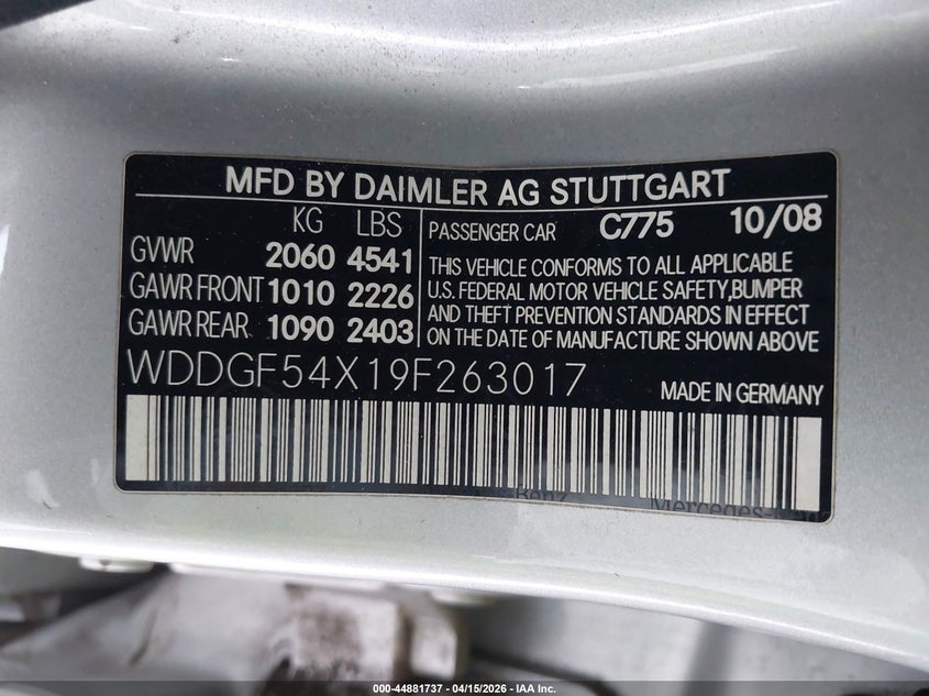 2009 Mercedes-Benz C 300 Luxury/Sport VIN: WDDGF54X19F263017 Lot: 44881737