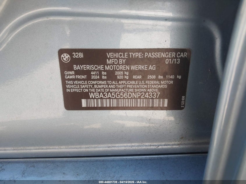 2013 BMW 328I VIN: WBA3A5G56DNP24337 Lot: 44881739