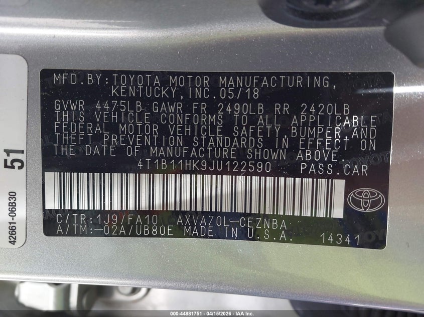 2018 Toyota Camry Le VIN: 4T1B11HK9JU122590 Lot: 44881751