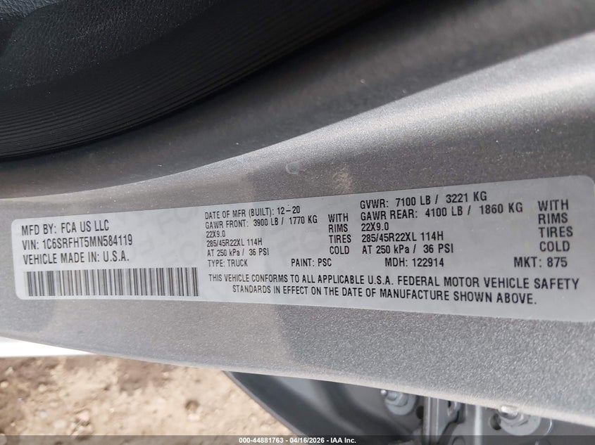 2021 Ram 1500 5.7 Ram Limited 4X4 5'7 Box grey Lot 111044881763 Vin 1C6SRFHT5MN584119