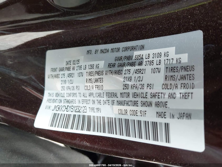 2025 Mazda Cx-90 3.3 Turbo Premium Sport VIN: JM3KKCHD1S1232123 Lot: 44881765