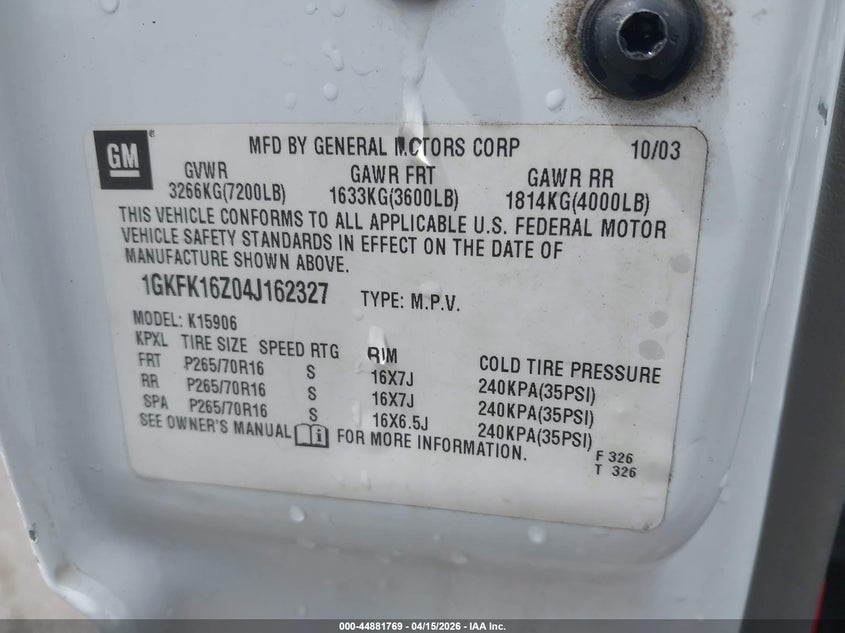 2004 GMC Yukon Xl 1500 Sle VIN: 1GKFK16Z04J162327 Lot: 44881769